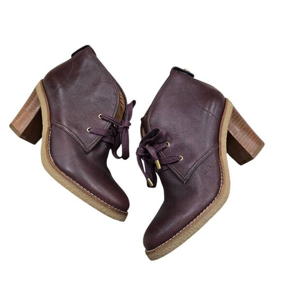 Coach Nikol Bootie‎ Women's 5B Burgundy Leather Lace Up Block Heel Boots Q1666